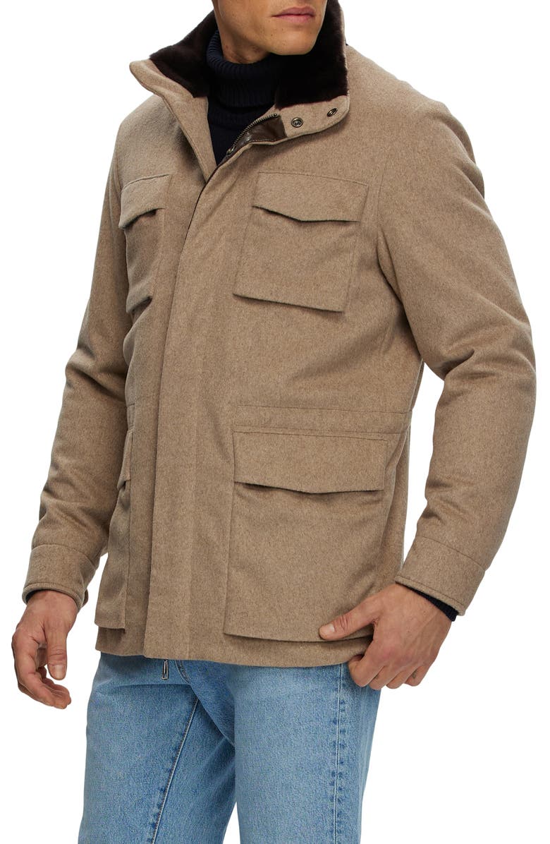 GORSKI Mens Fabric Jacket with Genuine Shearling Collar, Alternate, color, Light Brown