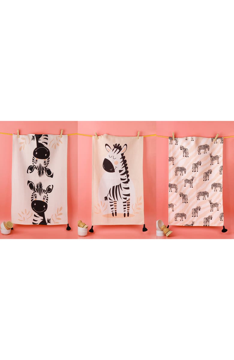 Tiramisu Whimsical Zebra Set of 3 Kitchen Towels, Alternate, color, Black/ White/ Beige