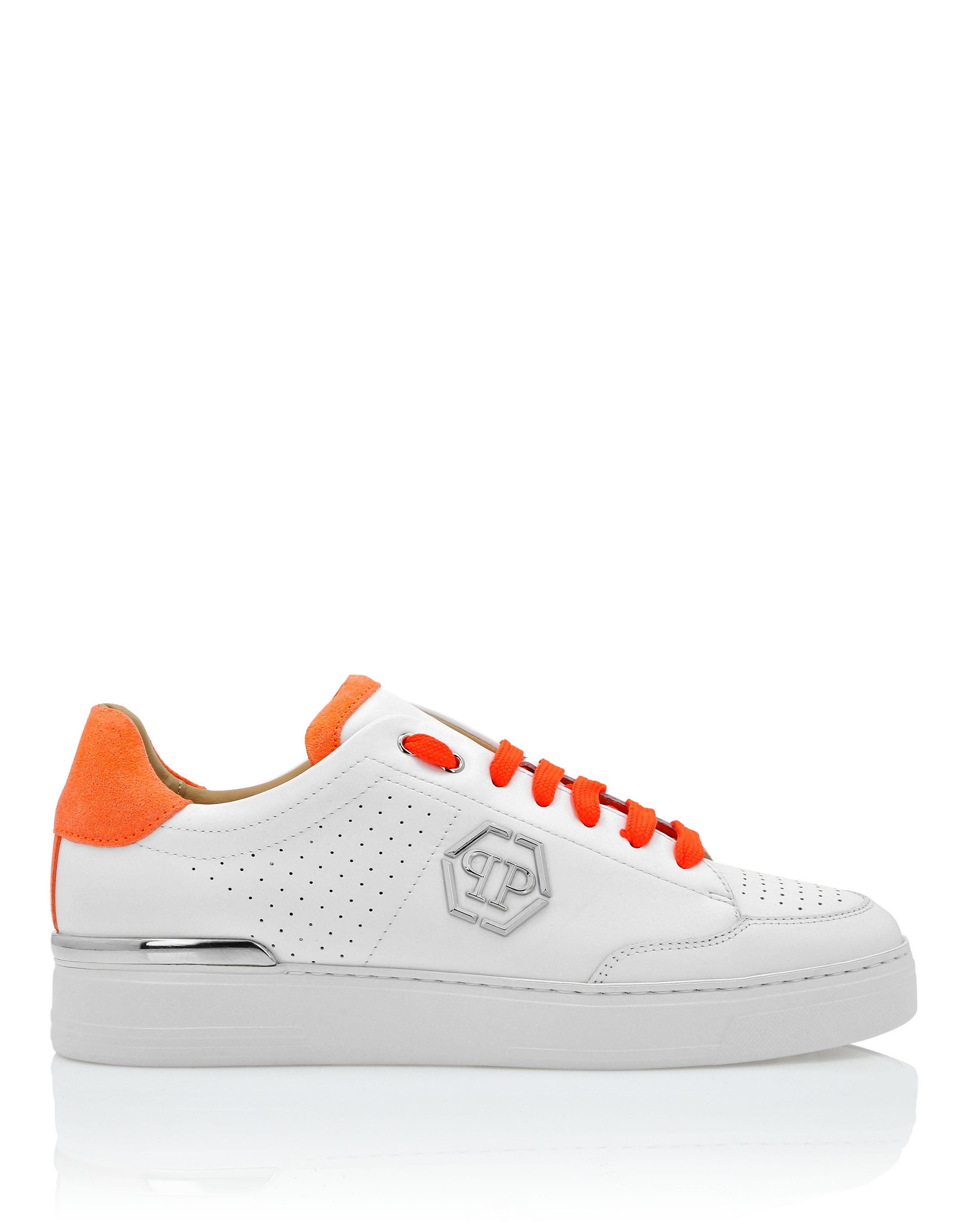 Mix Leather Lo-Top Sneakers Unisex, Alternate, color, white/orange