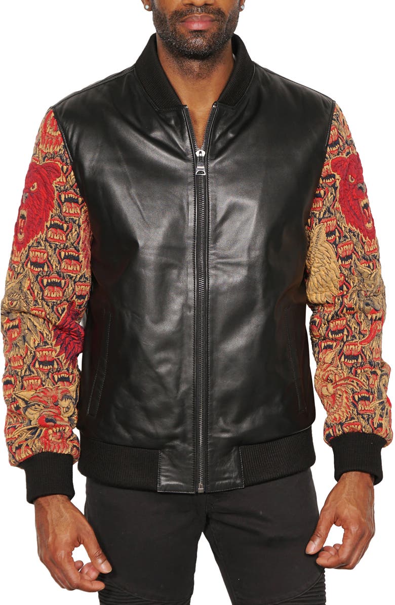 Maceoo Embroidered Sleeve Leather Bomber Jacket, Alternate, color, 