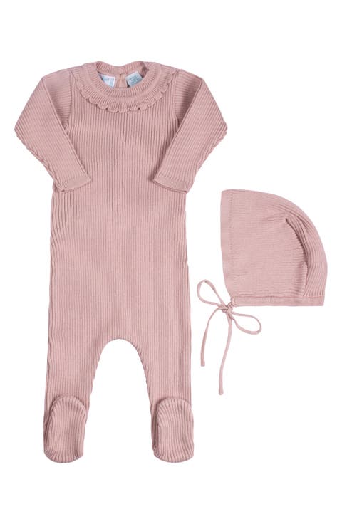 Ruffled Collar Rib Romper & Bonnet Set (Baby)