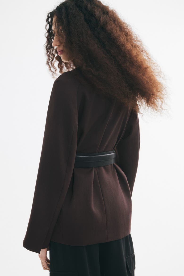 Belted Lapelless Jacket, Alternate, color, Dark brown