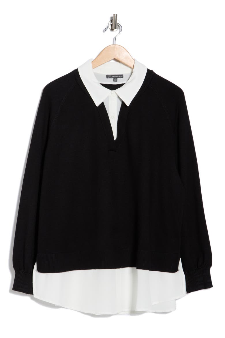 V-Neck Twofer Sweater, Alternate, color, BLACK/ IVORY