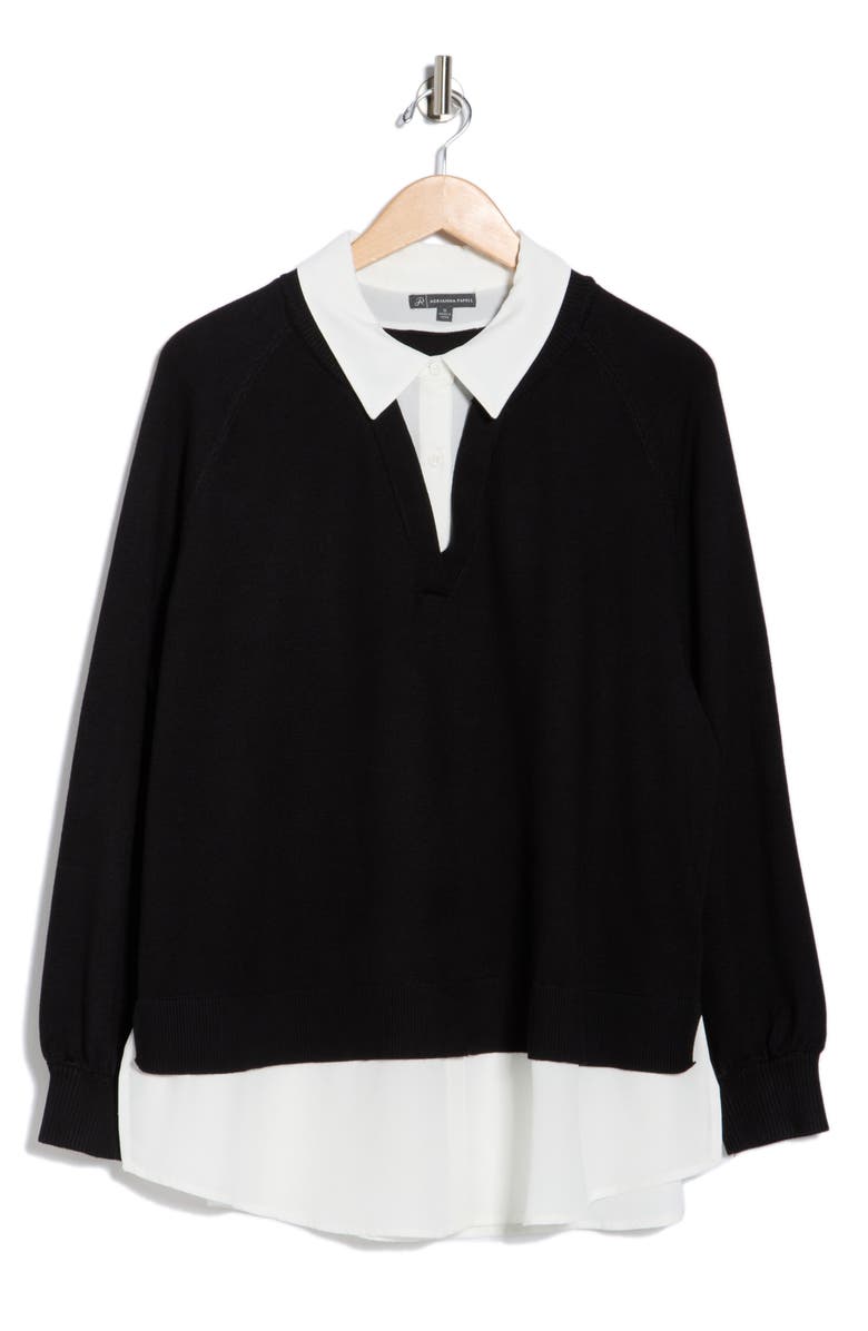 Adrianna Papell V-Neck Twofer Sweater, Alternate, color, Black/ Ivory