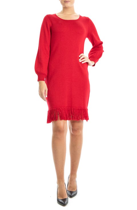 Balloon Sleeve Fringe Hem Sweater Dress