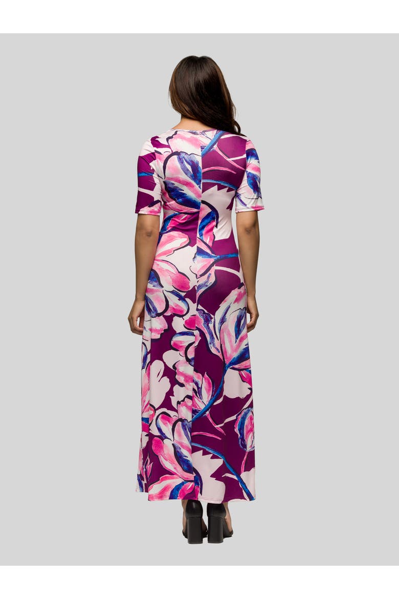 Purple Floral Print Elbow Sleeve Casual A-Line Maxi Dress, Alternate, color, Pink Multi