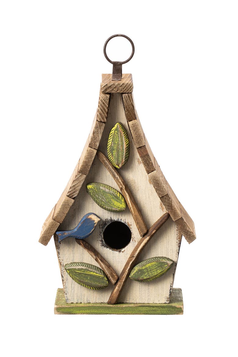 9.5"H Distressed Solid Wood Birdhouse with 3D Leaves, Main, color, White