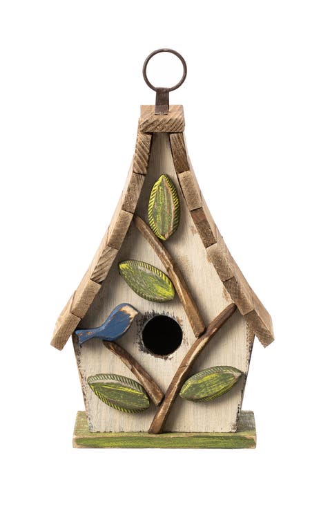 9.5"H Distressed Solid Wood Birdhouse with 3D Leaves