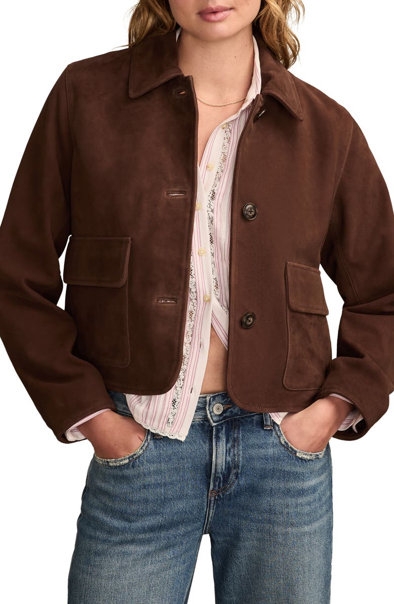 Lucky Brand Button Front Suede Jacket, Main, color, Chocolate Brown
