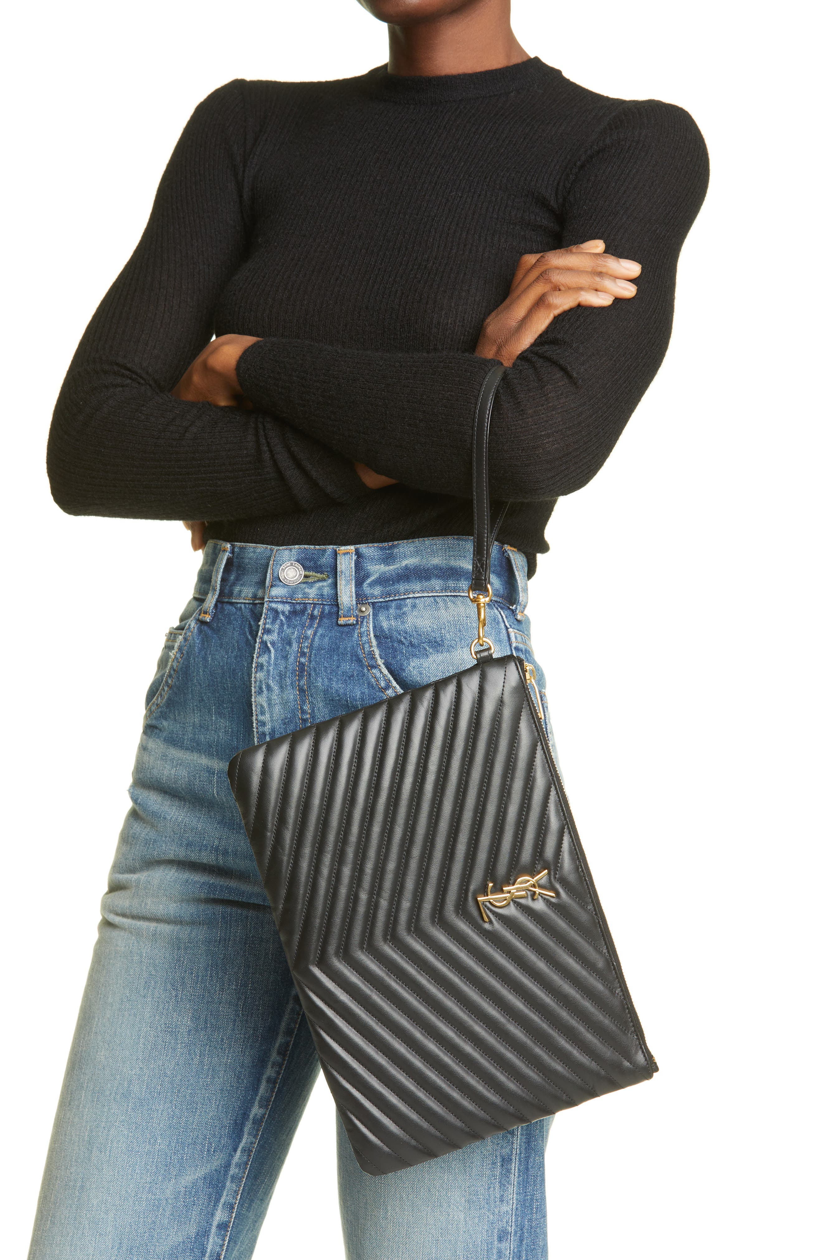 Saint Laurent YSL Monogram Matelassé Leather Tablet Pouch, Alternate, color, 