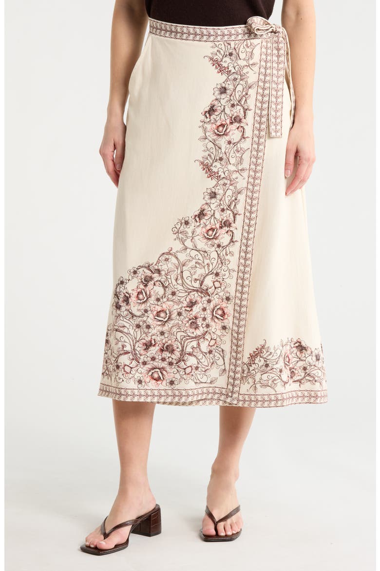 Floral Border Wrap Skirt, Main, color, NATURAL/ ROSE WALLED GARDEN