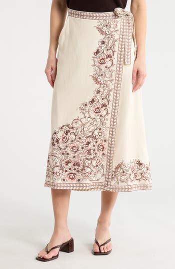 Max Studio Floral Border Wrap Skirt In Neutral