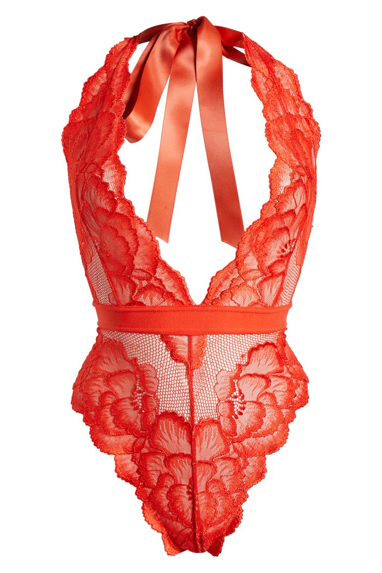 Floral Lace Halter Teddy, Alternate, color, TIGERLILY