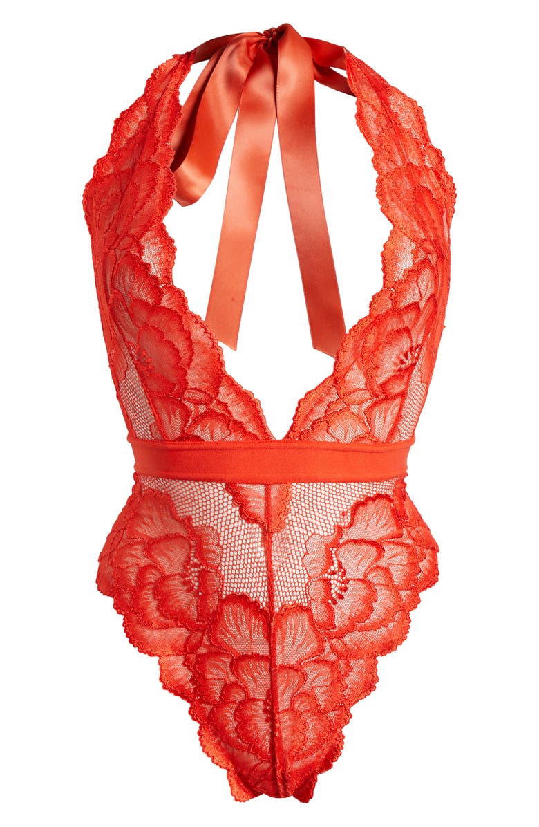 KILO BRAVA Floral Lace Halter Teddy, Alternate, color, Tigerlily