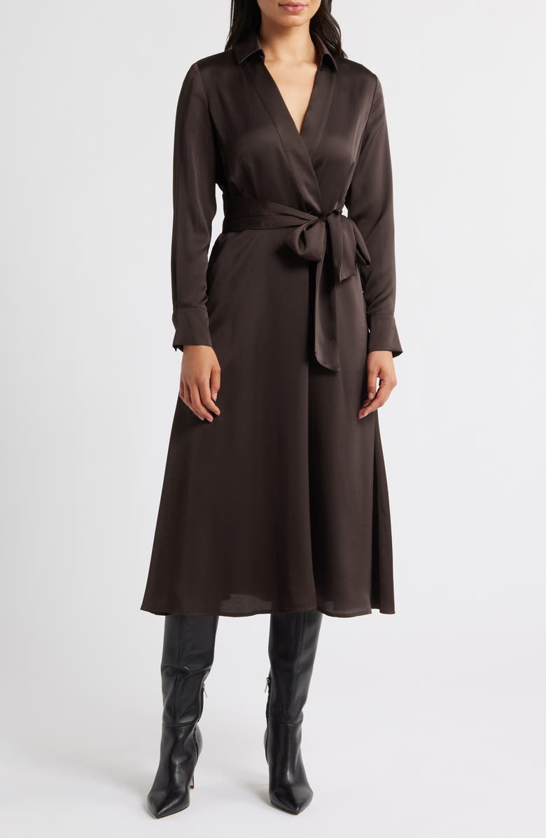 Tahari ASL Printed Long Sleeve Faux Wrap Matte Satin Shirtdress, Main, color, Chocolate