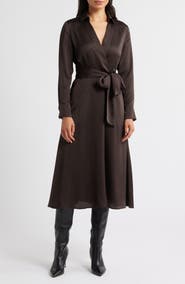Tahari ASL Printed Long Sleeve Faux Wrap Matte Satin Shirtdress