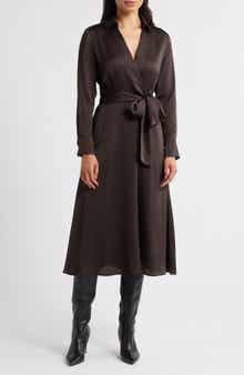 Tahari ASL Printed Long Sleeve Faux Wrap Matte Satin Shirtdress