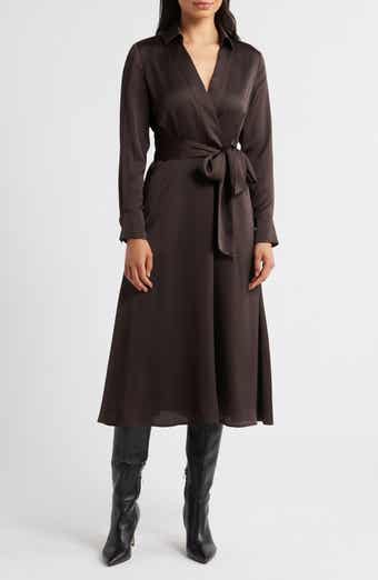 Tahari ASL Printed Long Sleeve Faux Wrap Matte Satin Shirtdress