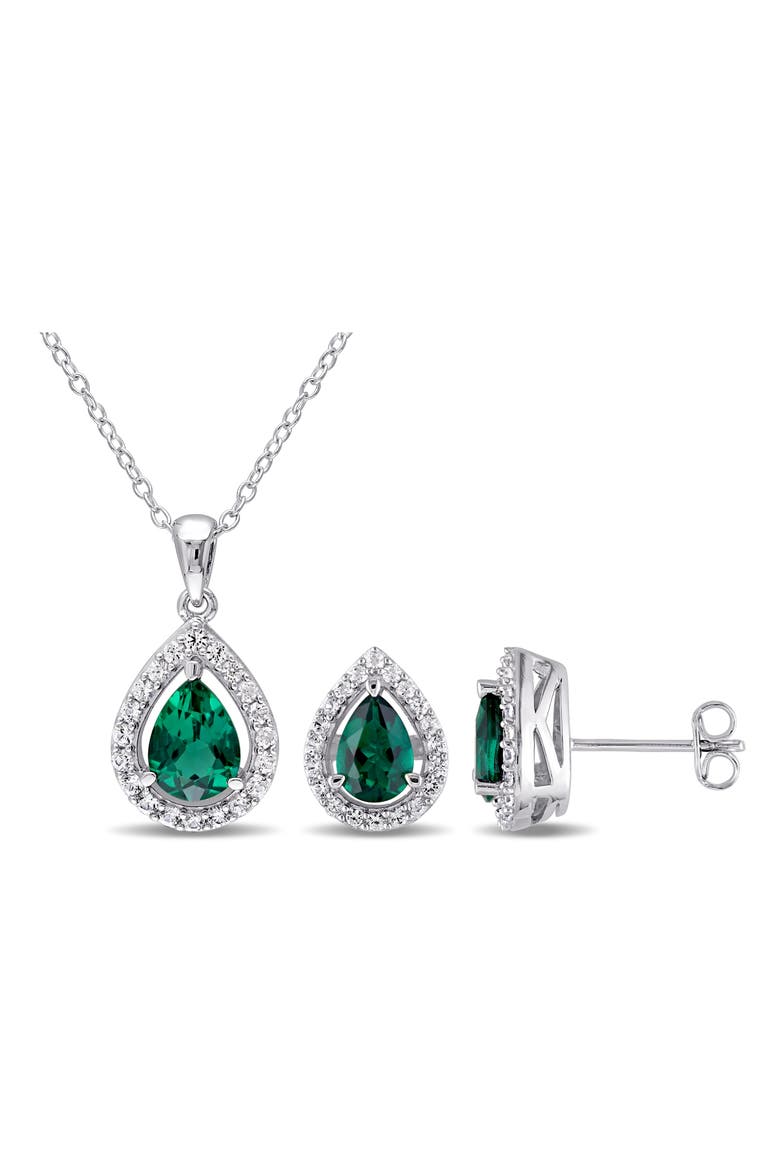 Lab Created Emerald and White Sapphire Pear Earrings & Necklace Set, Main, color, GREEN