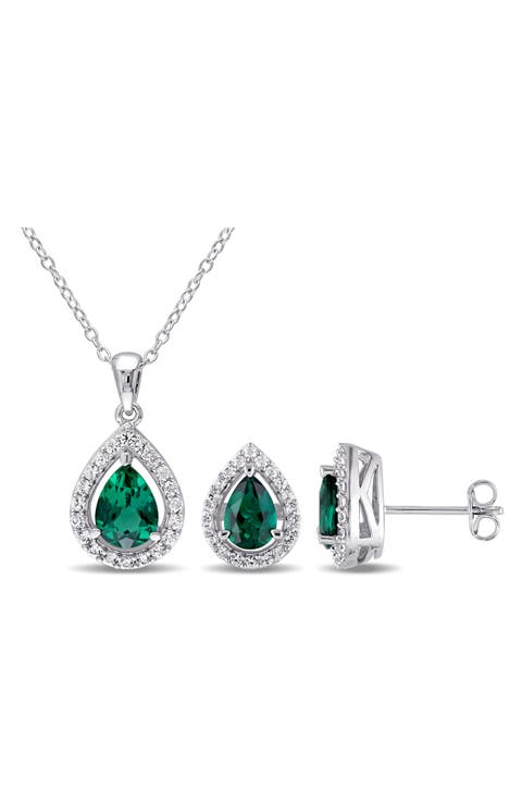 Lab Created Emerald and White Sapphire Pear Earrings & Necklace Set