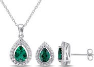 DELMAR Lab Created Emerald and White Sapphire Pear Earrings & Necklace Set