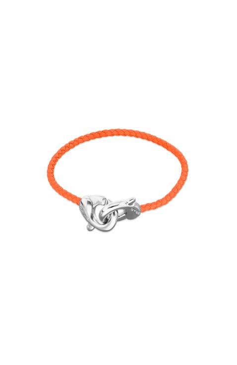 Orange leather strap with sterling silver-plated interlocking carabiner detail