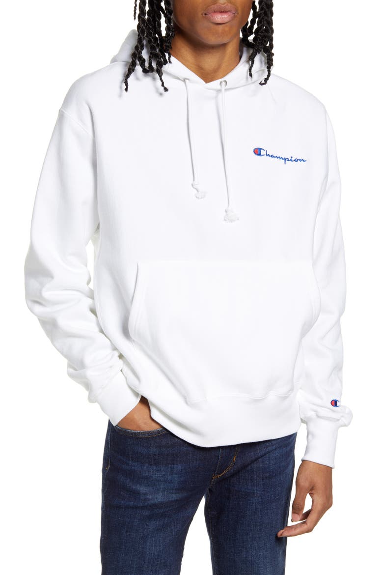 Reverse Weave® Script Chest Logo Hoodie, Main, color, WHITE