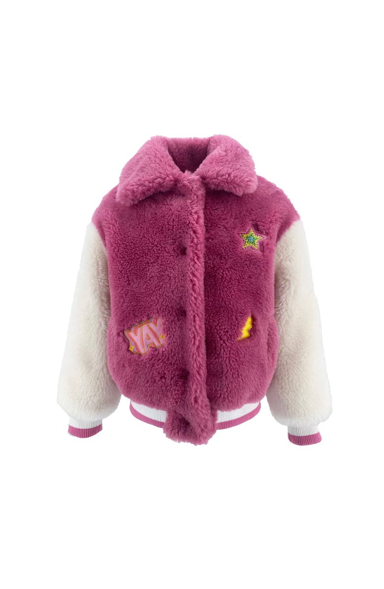 Lola + The Boys Varsity Patch Faux Fur Bomber, Main, color, 