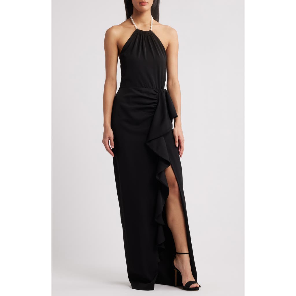 Black Halo Erwen Beaded-strap Ruffle Halter Gown In Black
