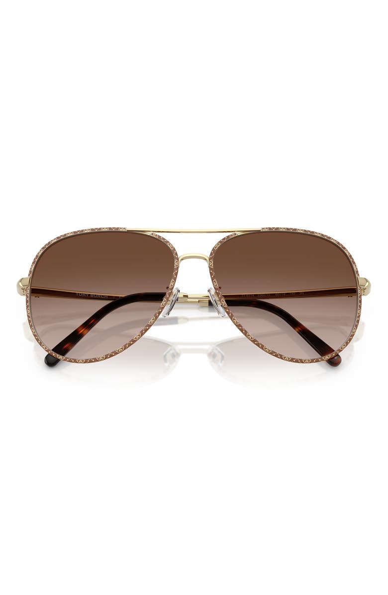 Tory Burch 60mm Pilot Sunglasses, Alternate, color, Light Gold/ Brown Monogram Wrap / Brown Gradient