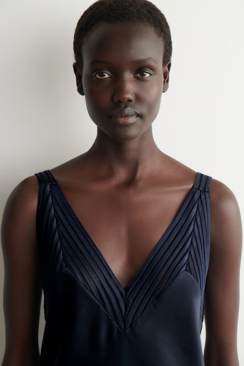 Open-stitch Satin Slip Dress, Alternate, color, NAVY