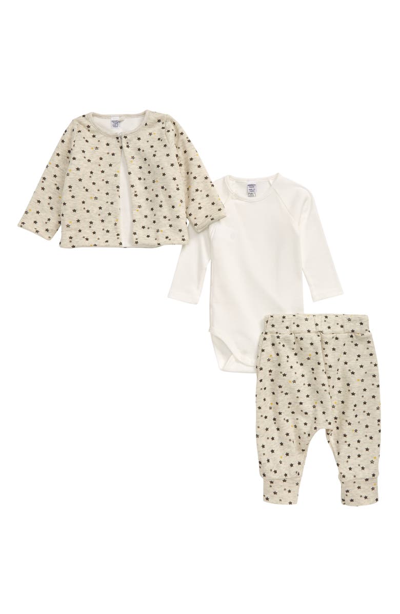 Petit Bateau Star Print Cardigan, Long Sleeve Bodysuit & Pants Set, Main, color, 
