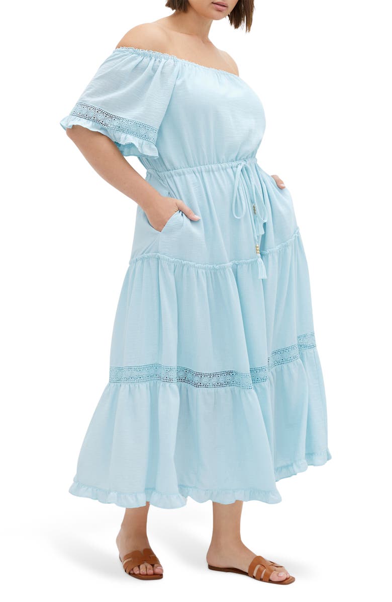 City Chic Angel Embroidery Detail Midi Dress, Alternate, color, Ice Blue