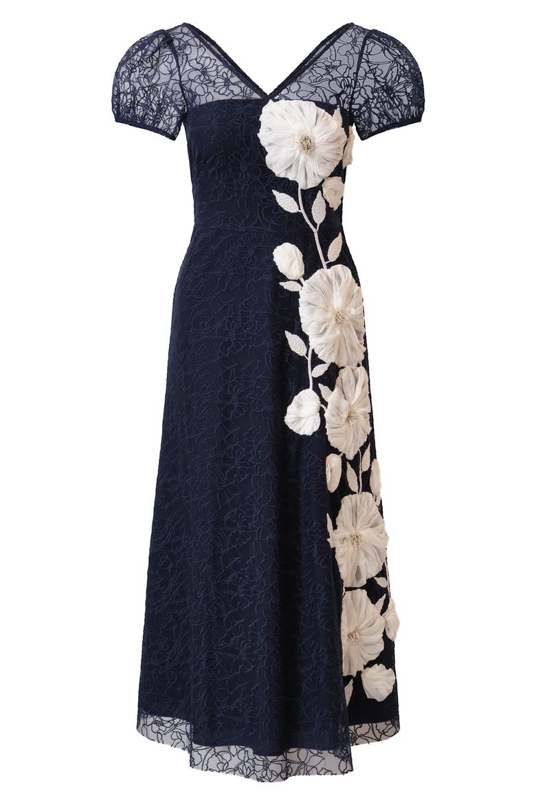 Layla Floral Appliqué Embroidered Mesh Midi Dress, Alternate, color, DEEP NAVY