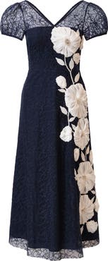 Kay Unger Layla Floral Appliqué Embroidered Mesh Midi Dress