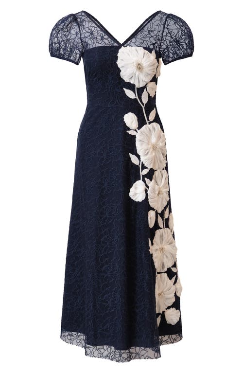 Kay Unger Layla Floral Appliqué Embroidered Mesh Midi Dress In Blue