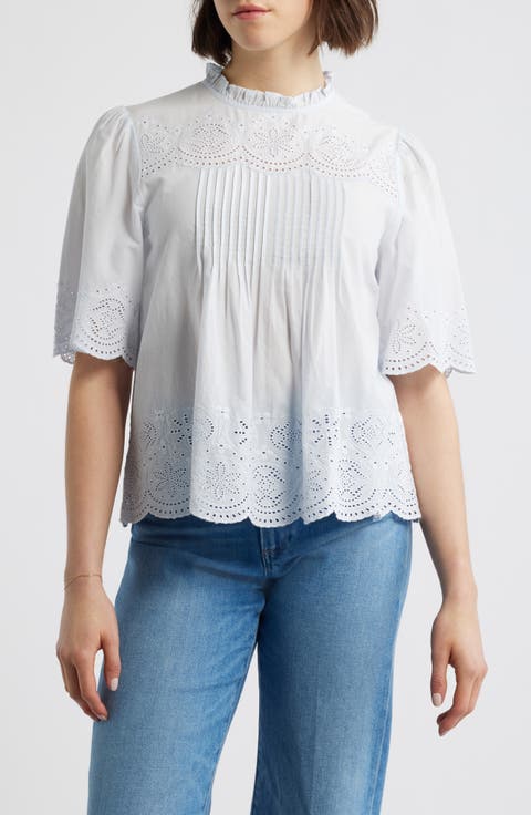 Embroidered Pintuck High Neck Cotton Voile Top