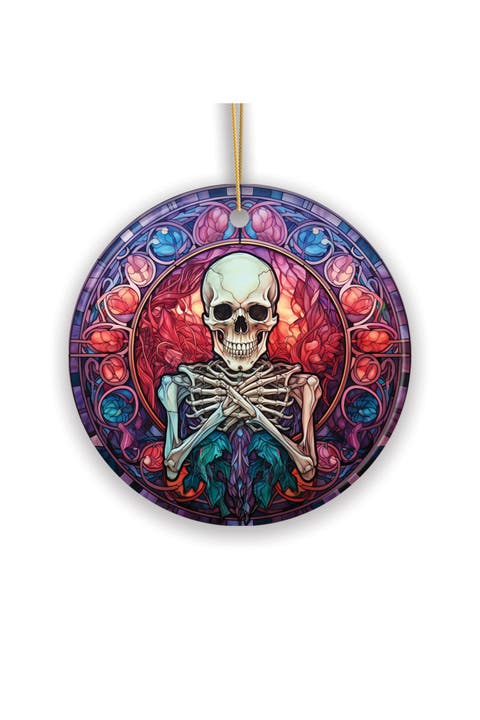 Ghastly Grins Skeleton Stained Glass Style Ornament