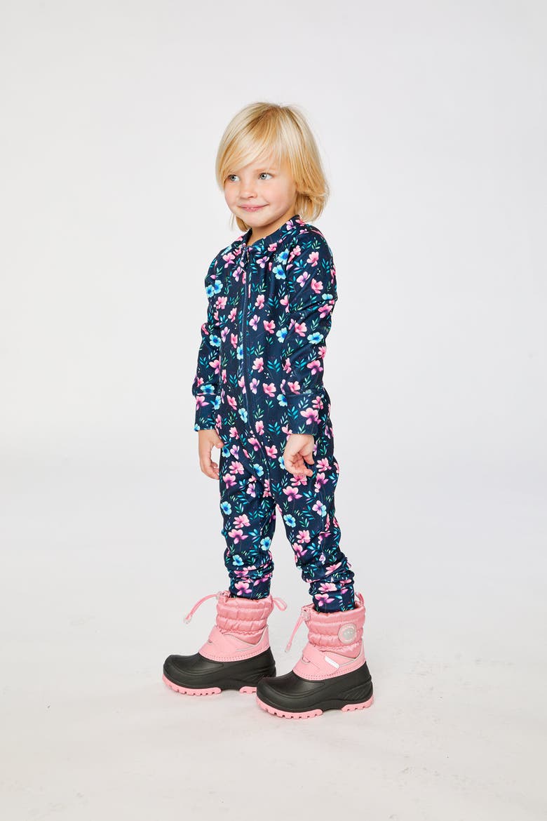 One Piece Stretch Fleece Asymmetric Zip Thermal Underwear, Alternate, color, Blue Floral Print