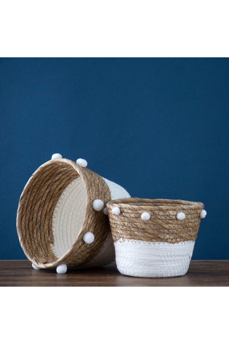 Set of 2 Natural Cattail Decorative Storage Baskets with Pom Poms, Alternate, color, White