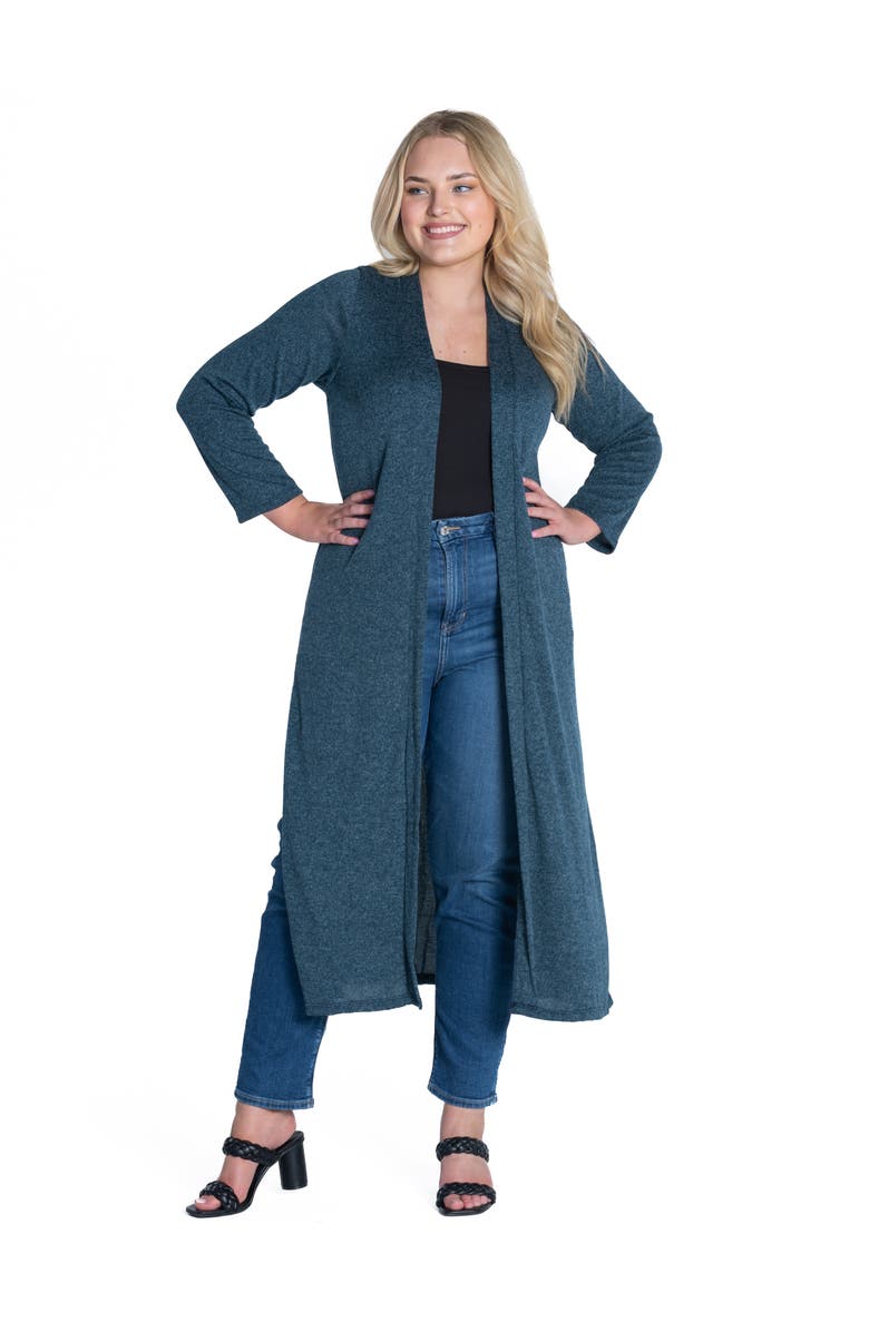 24seven Comfort Apparel Plus Size Long Duster Open Front  Knit Cardigan, Main, color, Teal