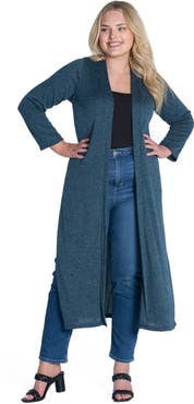 24seven Comfort Apparel Plus Size Long Duster Open Front  Knit Cardigan