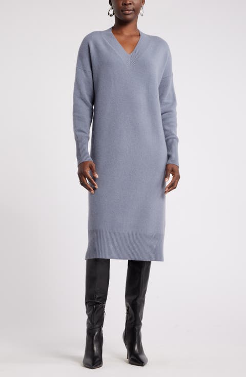 V-Neck Long Sleeve Wool & Cashmere Sweater Dress