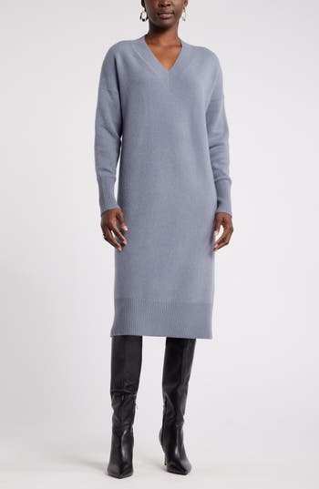 Nordstrom V-neck Long Sleeve Wool & Cashmere Sweater Dress In Grey Folkstone