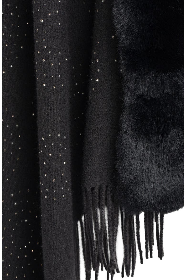 Rhinestone Ruana with Faux Fur Trim, Alternate, color, BLACK