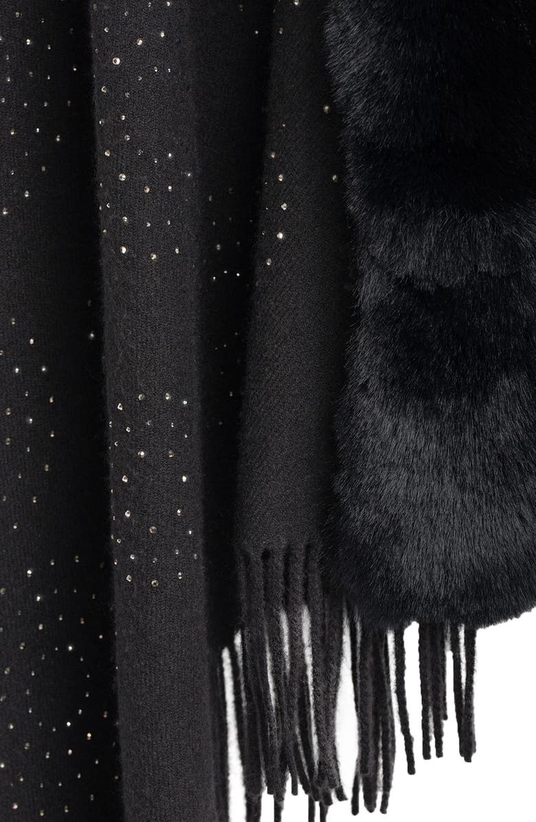 SAACHI Rhinestone Ruana with Faux Fur Trim, Alternate, color, Black