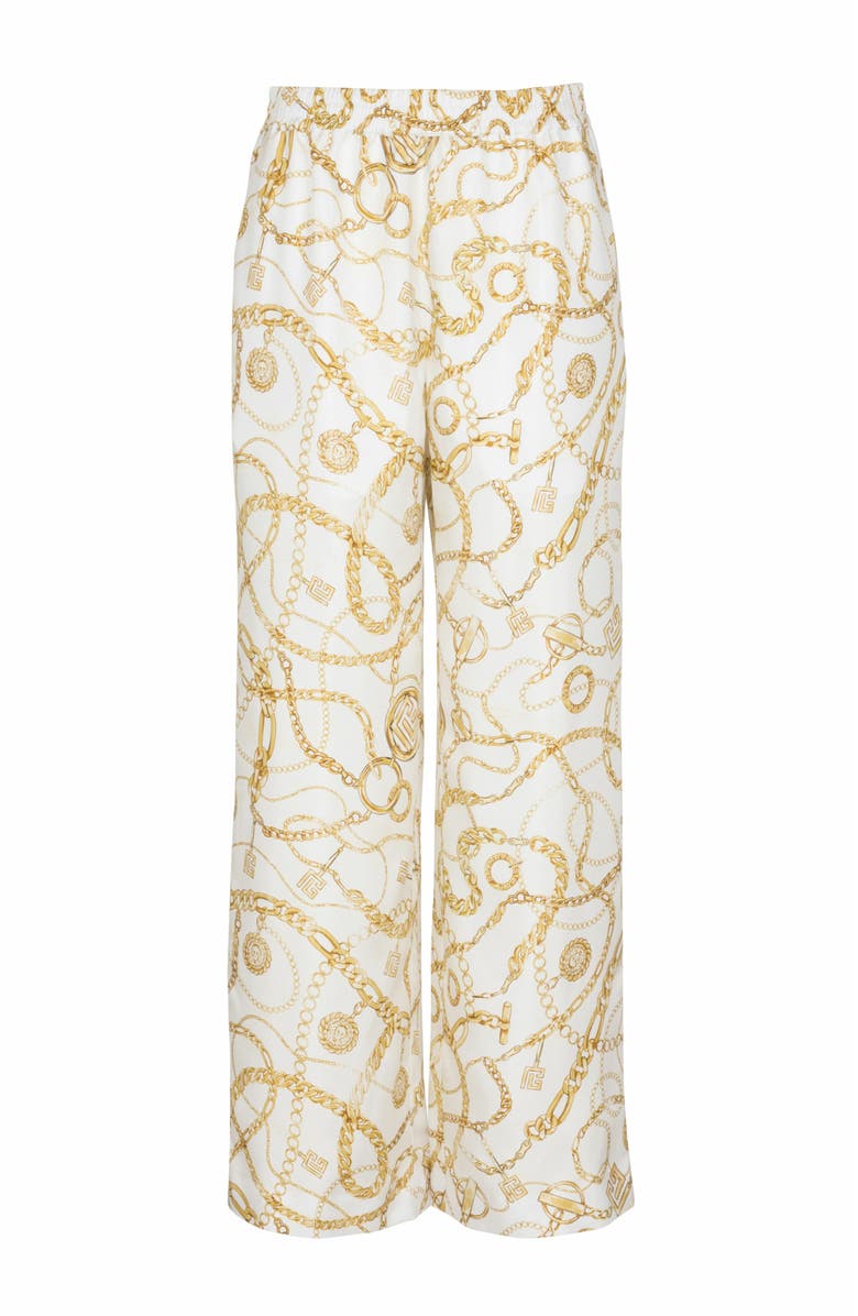 Balmain Flowing Printed Silk Trousers With Balmain Chains Pattern, Alternate, color, Gold