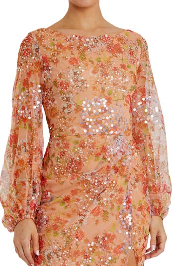 【Mac Duggal 】フラウンススリーブ フローラル マキシドレス Mac Duggal Floral Print Sequined Puff Sleeve Gown | Nordstrom