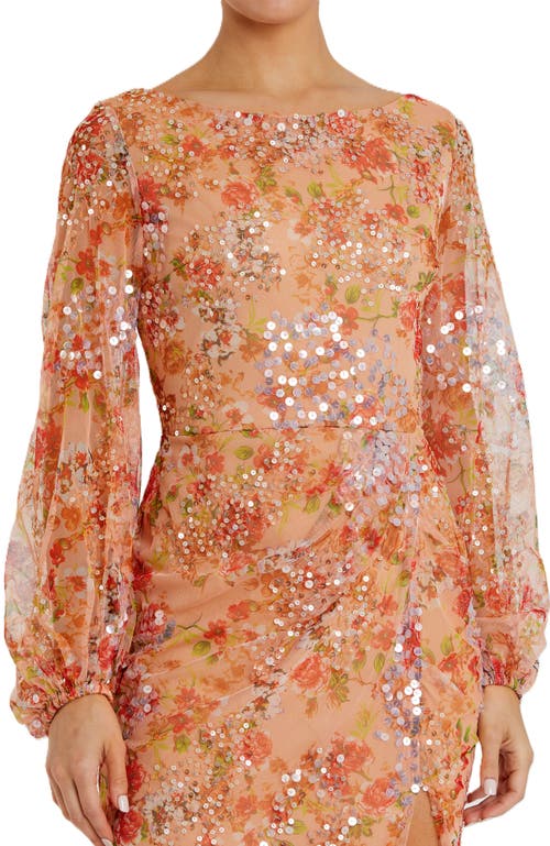 Mac Duggal Sequin Floral-print Long-sleeve Column Gown In Apricot