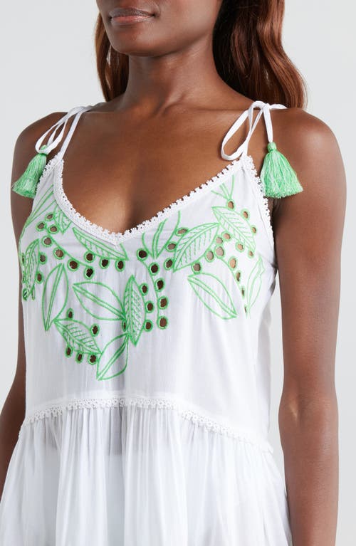 Ramy Brook Makenzy Eyelet Tassel Strap Cover-up Minidress In White/palm Green